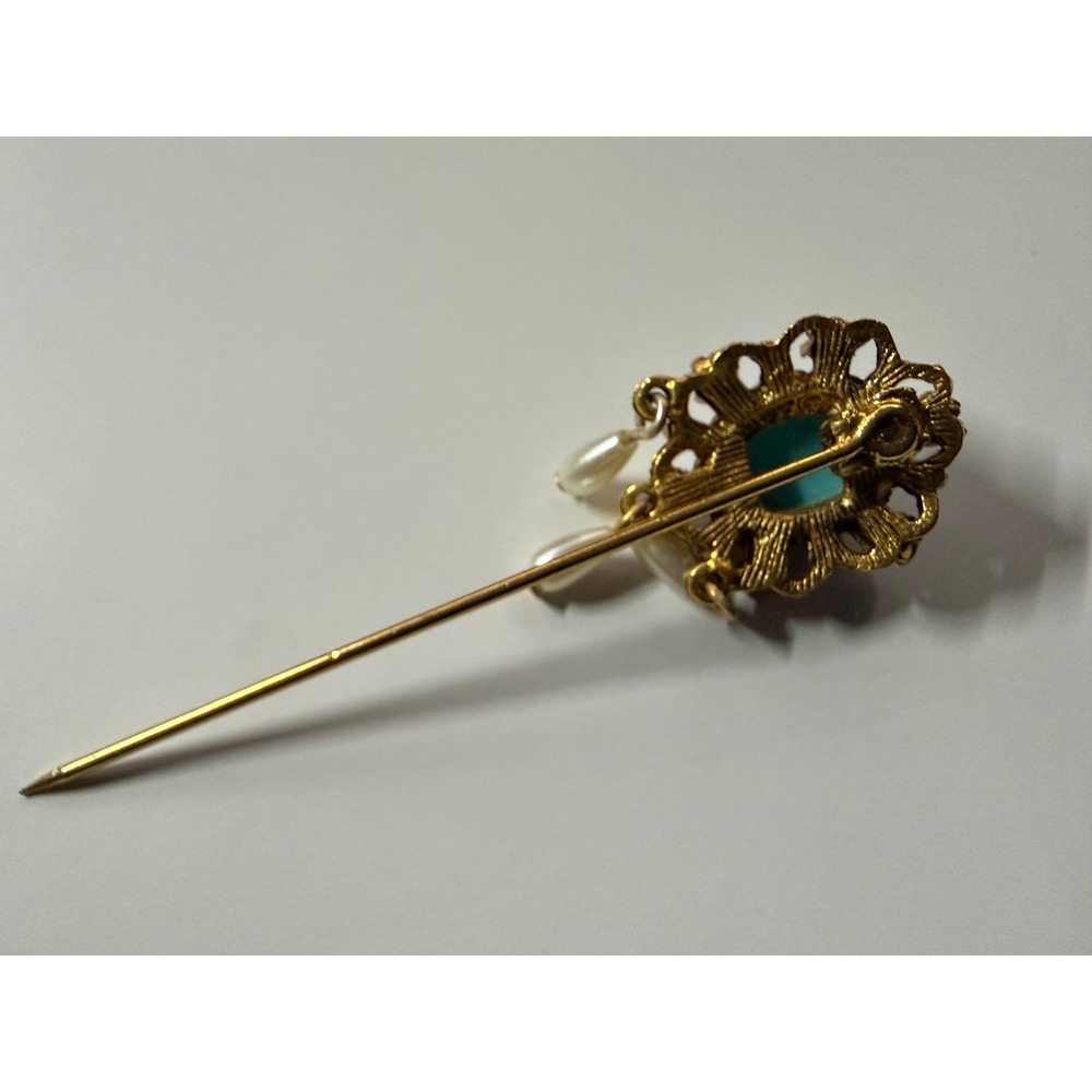 Vintage ART Signed Victorian Revival Turquoise Coral Pearl Dangle Stick Pin - Picture 3 of 5